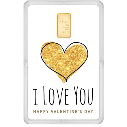 Goldbarren 0,5 g - philoro Geschenkkarte Valentinstag "GOLDHERZ"